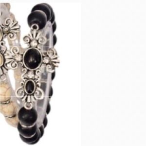 Black Cross Bracelet semi-precious stones crackle bead Silver Ornate NEW NWT